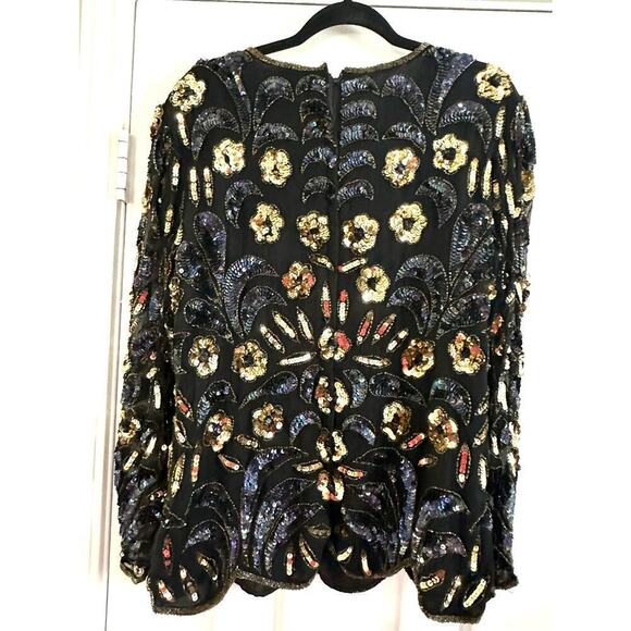 ADRIANNA PAPELL Boutique Evening Silk Sequin Embellished Dress Top - Sz Large - Picture 4 of 5